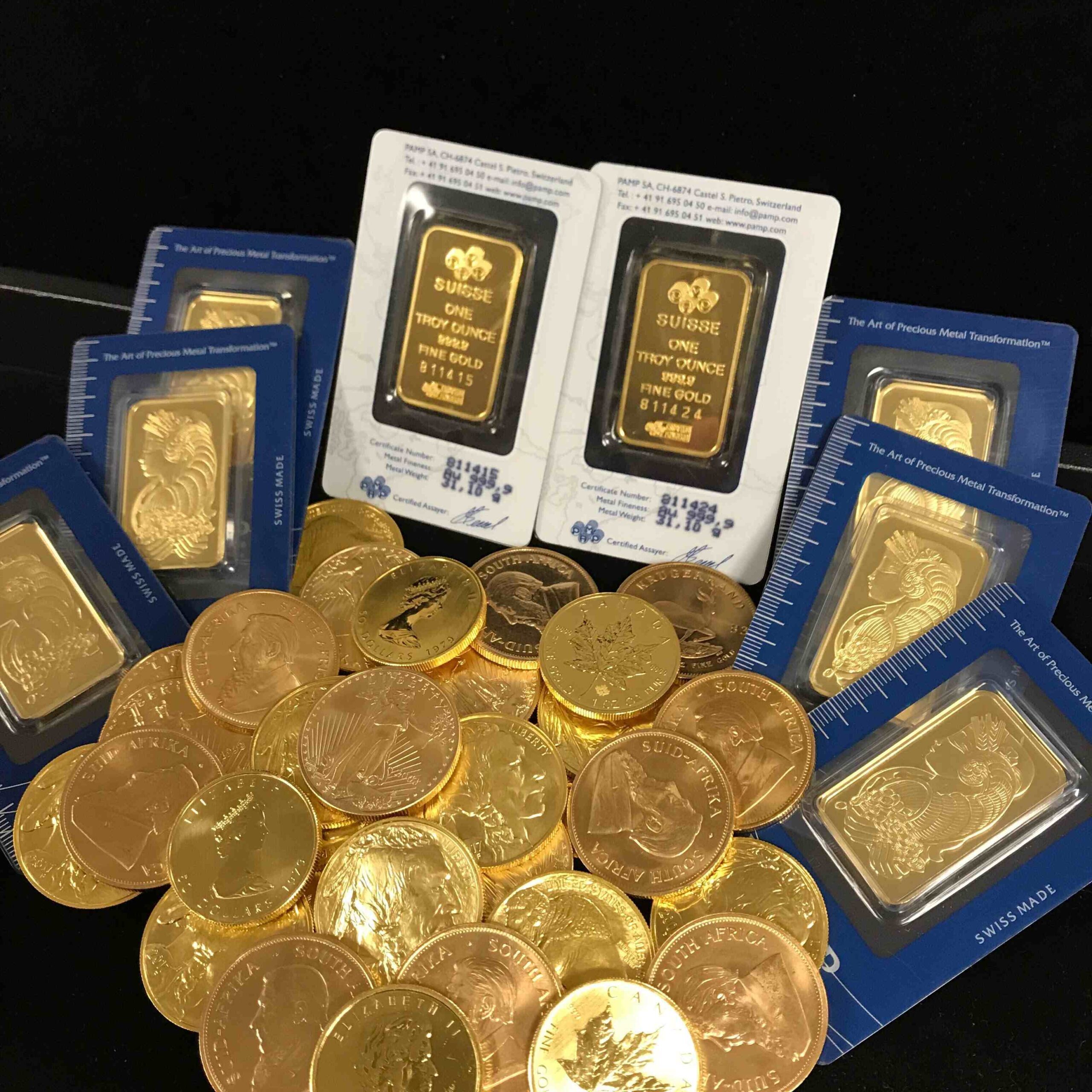 A pile of gold coins and two packages of gold bars.